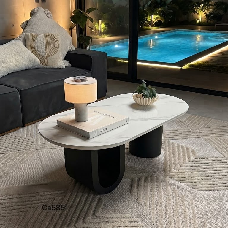Mesa de centro piedra blanco base metal negro 120cm* 60cm* 40cm